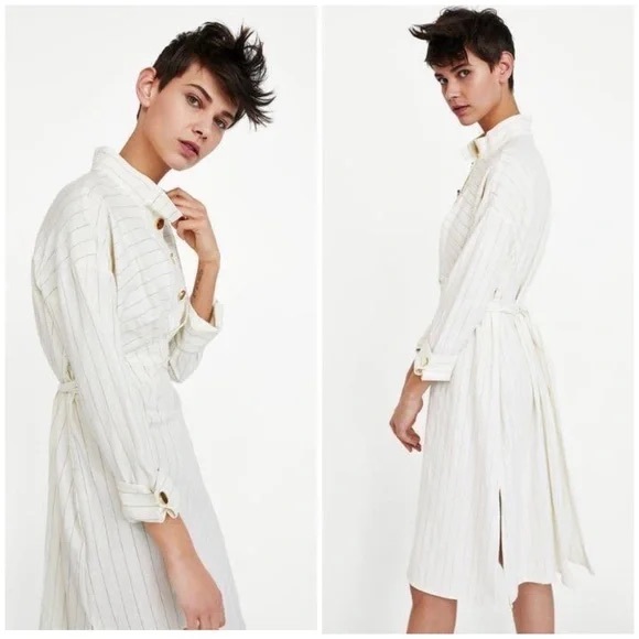 ZARA Basic Gold Button Linen Pinstripe Robe Midi Dress in Natural Cream XS - Picture 7 of 8